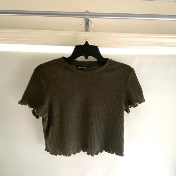 Dark Olive Ribbed Lettuce-Edge Cropped Tee - Picture 1 of 3